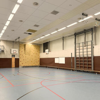 gymzaal met sportvloer, wandklimrek, klimwand