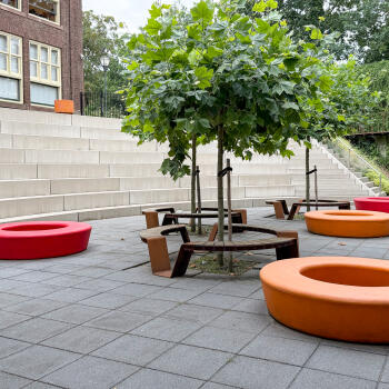 stenen trappen met betonnen zitjes en bomen