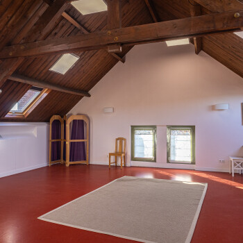 vrije ruimte met vloerkleed, stoelen en kledingscherm