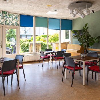 meerdere zitjes: tafel met 4 stoelen , grote raampartij met verschillende kleuren blauwe rolgordijnen, piano,  houtkleurige vloer