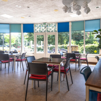 meerdere zitjes: tafel met 4 stoelen , grote raampartij met verschillende kleuren blauwe rolgordijnen, houtkleurige vloer