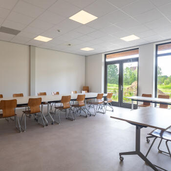 tafels met stoelen, raampartij, plant