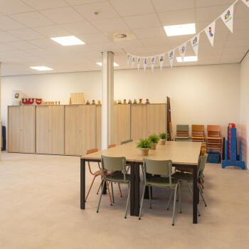 tafels, stoelen, kasten tegen de wand